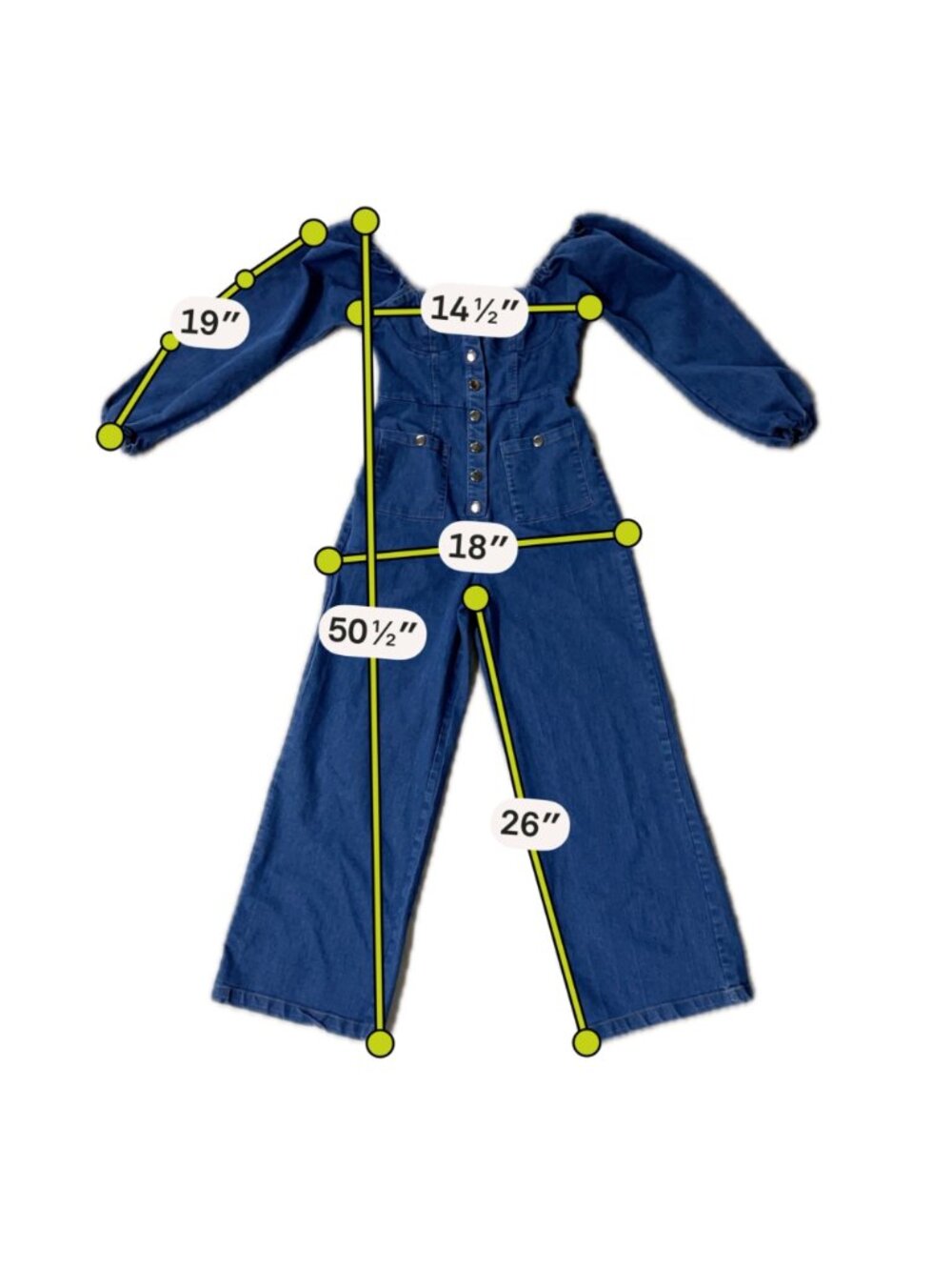 Denim Jumpsuit Puff Long Sleeve Snap Front Blue Jean Romper Pantsuit READ - Picture 8 of 9